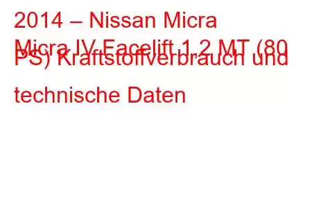 2014 – Nissan Micra
Micra IV Facelift 1,2 MT (80 PS) Kraftstoffverbrauch und technische Daten