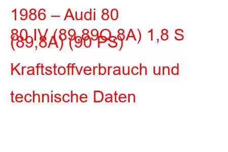 1986 – Audi 80
80 IV (89,89Q,8A) 1,8 S (89,8A) (90 PS) Kraftstoffverbrauch und technische Daten