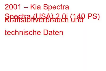 2001 – Kia Spectra
Spectra (USA) 2.0i (140 PS) Kraftstoffverbrauch und technische Daten