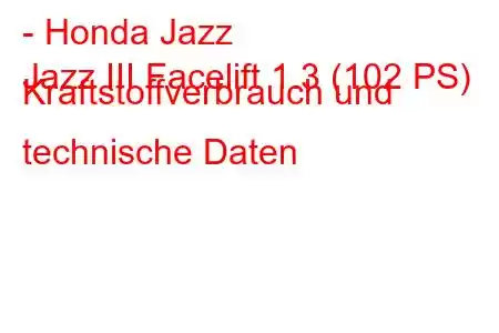 - Honda Jazz
Jazz III Facelift 1.3 (102 PS) Kraftstoffverbrauch und technische Daten