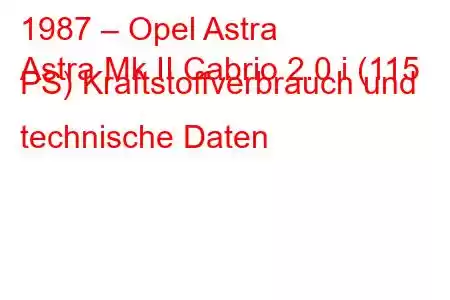 1987 – Opel Astra
Astra Mk II Cabrio 2.0 i (115 PS) Kraftstoffverbrauch und technische Daten