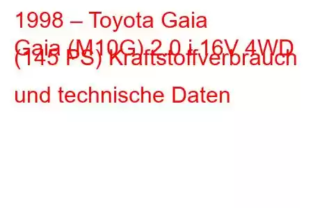 1998 – Toyota Gaia
Gaia (M10G) 2.0 i 16V 4WD (145 PS) Kraftstoffverbrauch und technische Daten