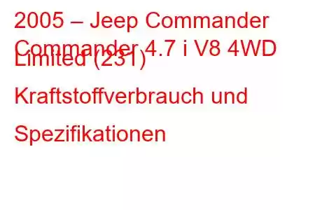 2005 – Jeep Commander
Commander 4.7 i V8 4WD Limited (231) Kraftstoffverbrauch und Spezifikationen