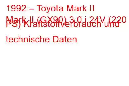 1992 – Toyota Mark II
Mark II (GX90) 3.0 i 24V (220 PS) Kraftstoffverbrauch und technische Daten