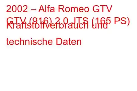 2002 – Alfa Romeo GTV
GTV (916) 2.0 JTS (165 PS) Kraftstoffverbrauch und technische Daten