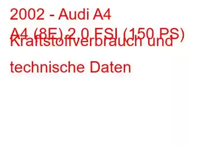 2002 - Audi A4
A4 (8E) 2.0 FSI (150 PS) Kraftstoffverbrauch und technische Daten