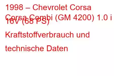 1998 – Chevrolet Corsa
Corsa Combi (GM 4200) 1.0 i 16V (68 PS) Kraftstoffverbrauch und technische Daten