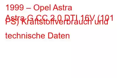 1999 – Opel Astra
Astra G CC 2.0 DTI 16V (101 PS) Kraftstoffverbrauch und technische Daten