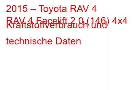 2015 – Toyota RAV 4
RAV 4 Facelift 2.0 (146) 4x4 Kraftstoffverbrauch und technische Daten