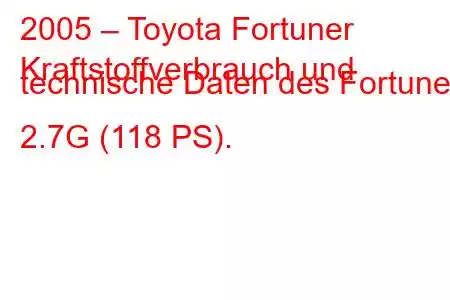 2005 – Toyota Fortuner
Kraftstoffverbrauch und technische Daten des Fortuner 2.7G (118 PS).