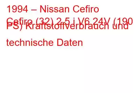 1994 – Nissan Cefiro
Cefiro (32) 2.5 i V6 24V (190 PS) Kraftstoffverbrauch und technische Daten