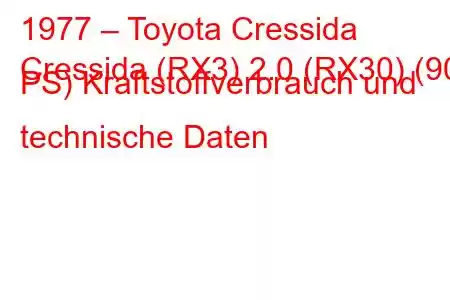 1977 – Toyota Cressida
Cressida (RX3) 2.0 (RX30) (90 PS) Kraftstoffverbrauch und technische Daten