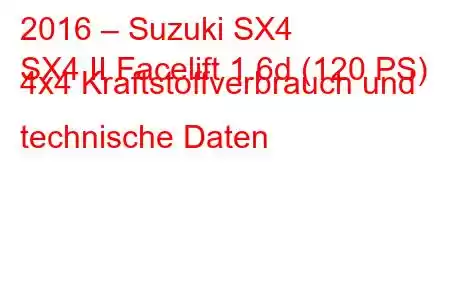 2016 – Suzuki SX4
SX4 II Facelift 1.6d (120 PS) 4x4 Kraftstoffverbrauch und technische Daten