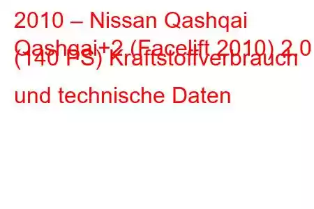 2010 – Nissan Qashqai
Qashqai+2 (Facelift 2010) 2.0 (140 PS) Kraftstoffverbrauch und technische Daten