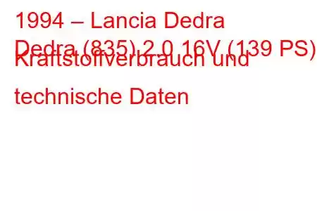 1994 – Lancia Dedra
Dedra (835) 2.0 16V (139 PS) Kraftstoffverbrauch und technische Daten