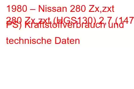 1980 – Nissan 280 Zx,zxt
280 Zx,zxt (HGS130) 2,7 (147 PS) Kraftstoffverbrauch und technische Daten