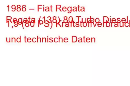 1986 – Fiat Regata
Regata (138) 80 Turbo Diesel 1,9 (80 PS) Kraftstoffverbrauch und technische Daten