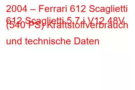 2004 – Ferrari 612 Scaglietti
612 Scaglietti 5.7 i V12 48V (540 PS) Kraftstoffverbrauch und technische Daten