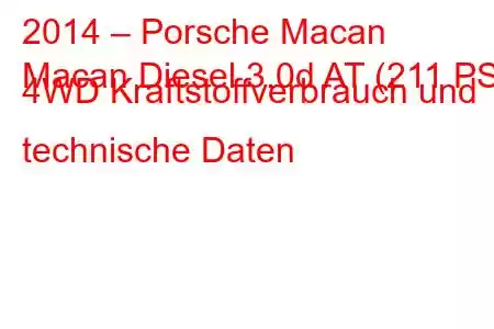 2014 – Porsche Macan
Macan Diesel 3.0d AT (211 PS) 4WD Kraftstoffverbrauch und technische Daten