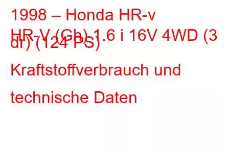 1998 – Honda HR-v
HR-V (Gh) 1.6 i 16V 4WD (3 dr) (124 PS) Kraftstoffverbrauch und technische Daten