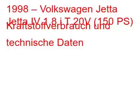 1998 – Volkswagen Jetta
Jetta IV 1.8 i T 20V (150 PS) Kraftstoffverbrauch und technische Daten