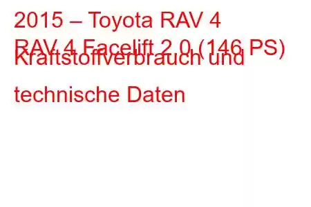 2015 – Toyota RAV 4
RAV 4 Facelift 2.0 (146 PS) Kraftstoffverbrauch und technische Daten