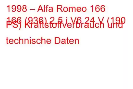 1998 – Alfa Romeo 166
166 (936) 2,5 i V6 24 V (190 PS) Kraftstoffverbrauch und technische Daten