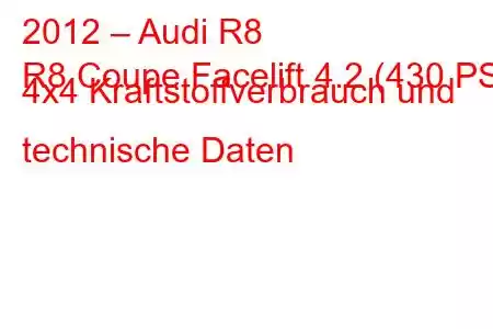 2012 – Audi R8
R8 Coupe Facelift 4.2 (430 PS) 4x4 Kraftstoffverbrauch und technische Daten