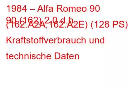 1984 – Alfa Romeo 90
90 (162) 2,0 d.h. (162.A2A,162.A2E) (128 PS) Kraftstoffverbrauch und technische Daten