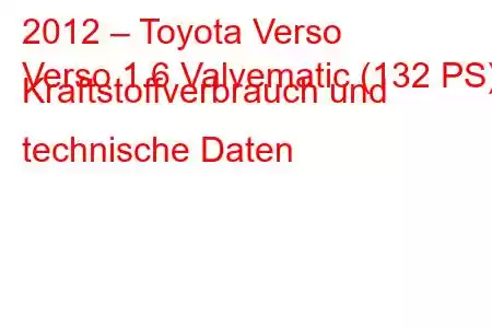 2012 – Toyota Verso
Verso 1.6 Valvematic (132 PS) Kraftstoffverbrauch und technische Daten