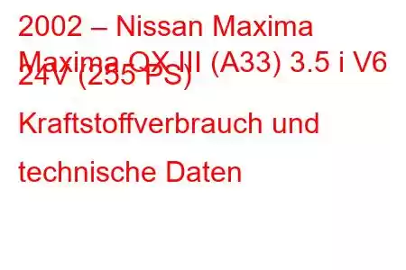 2002 – Nissan Maxima
Maxima QX III (A33) 3.5 i V6 24V (255 PS) Kraftstoffverbrauch und technische Daten