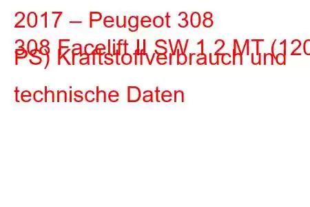 2017 – Peugeot 308
308 Facelift II SW 1,2 MT (120 PS) Kraftstoffverbrauch und technische Daten