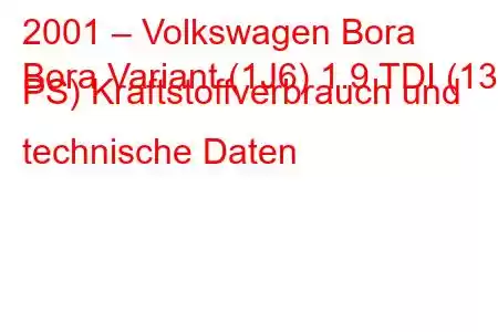 2001 – Volkswagen Bora
Bora Variant (1J6) 1.9 TDI (130 PS) Kraftstoffverbrauch und technische Daten