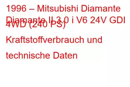 1996 – Mitsubishi Diamante
Diamante II 3.0 i V6 24V GDI 4WD (240 PS) Kraftstoffverbrauch und technische Daten