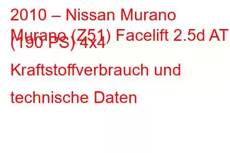 2010 – Nissan Murano
Murano (Z51) Facelift 2.5d AT (190 PS) 4x4 Kraftstoffverbrauch und technische Daten