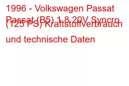 1996 - Volkswagen Passat
Passat (B5) 1.8 20V Syncro (125 PS) Kraftstoffverbrauch und technische Daten