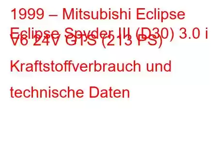 1999 – Mitsubishi Eclipse
Eclipse Spyder III (D30) 3.0 i V6 24V GTS (213 PS) Kraftstoffverbrauch und technische Daten