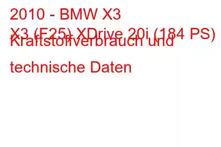 2010 - BMW X3
X3 (F25) XDrive 20i (184 PS) Kraftstoffverbrauch und technische Daten