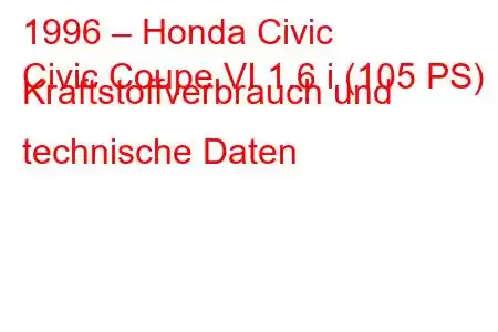 1996 – Honda Civic
Civic Coupe VI 1.6 i (105 PS) Kraftstoffverbrauch und technische Daten