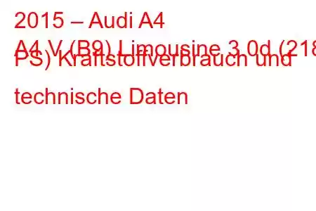 2015 – Audi A4
A4 V (B9) Limousine 3.0d (218 PS) Kraftstoffverbrauch und technische Daten