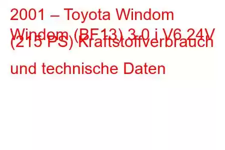 2001 – Toyota Windom
Windom (BF13) 3.0 i V6 24V (215 PS) Kraftstoffverbrauch und technische Daten