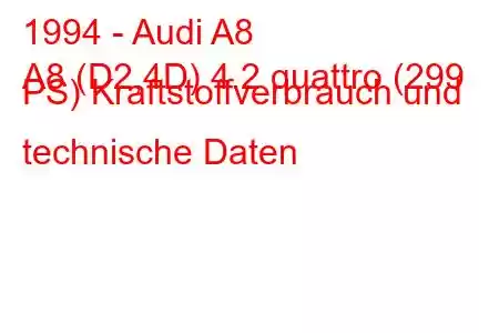 1994 - Audi A8
A8 (D2,4D) 4.2 quattro (299 PS) Kraftstoffverbrauch und technische Daten