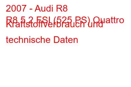 2007 - Audi R8
R8 5.2 FSI (525 PS) Quattro Kraftstoffverbrauch und technische Daten