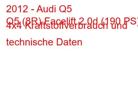 2012 - Audi Q5
Q5 (8R) Facelift 2.0d (190 PS) 4x4 Kraftstoffverbrauch und technische Daten