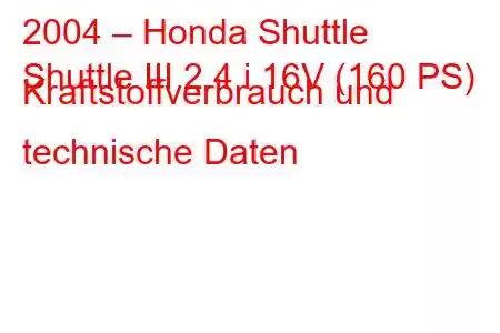 2004 – Honda Shuttle
Shuttle III 2.4 i 16V (160 PS) Kraftstoffverbrauch und technische Daten