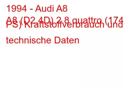 1994 - Audi A8
A8 (D2,4D) 2.8 quattro (174 PS) Kraftstoffverbrauch und technische Daten