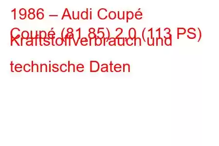 1986 – Audi Coupé
Coupé (81,85) 2,0 (113 PS) Kraftstoffverbrauch und technische Daten