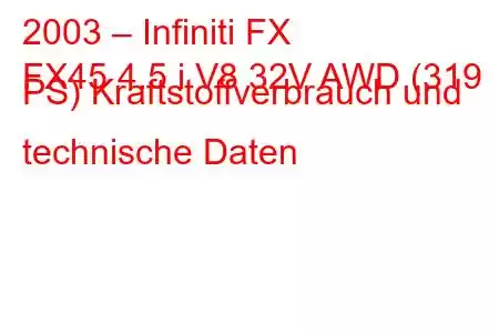 2003 – Infiniti FX
FX45 4.5 i V8 32V AWD (319 PS) Kraftstoffverbrauch und technische Daten