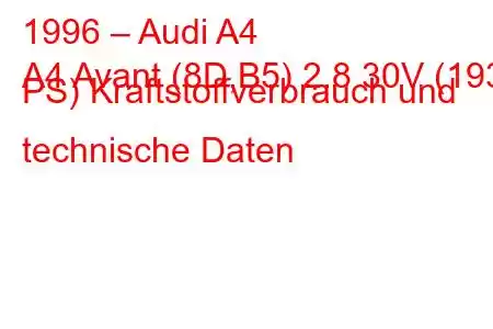 1996 – Audi A4
A4 Avant (8D,B5) 2.8 30V (193 PS) Kraftstoffverbrauch und technische Daten