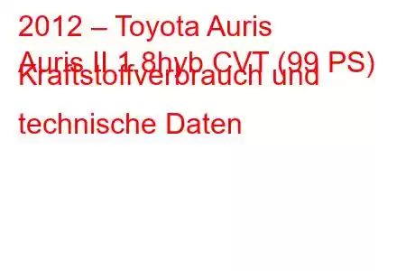 2012 – Toyota Auris
Auris II 1.8hyb CVT (99 PS) Kraftstoffverbrauch und technische Daten